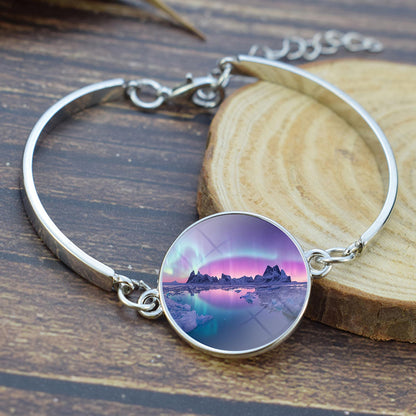 Luminous Aurora Borealis Bangle Bracelet - Northern Light Jewelry - Unique Glass Cabochon Silver Plated Bracelet - Perfect Aurora Lovers Gift