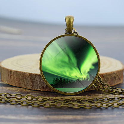 Luminous Aurora Borealis Bronze Necklace - Northern Light Jewelry - Unique Glass Dome Pendent Necklace - Perfect Aurora Lovers Gift