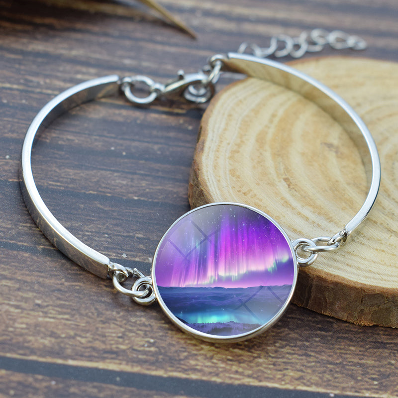 Unique Aurora Borealis Bangle Bracelet - Northern Light Jewelry - Glass Cabochon Silver Plated Bracelet - Perfect Aurora Lovers Gift 27