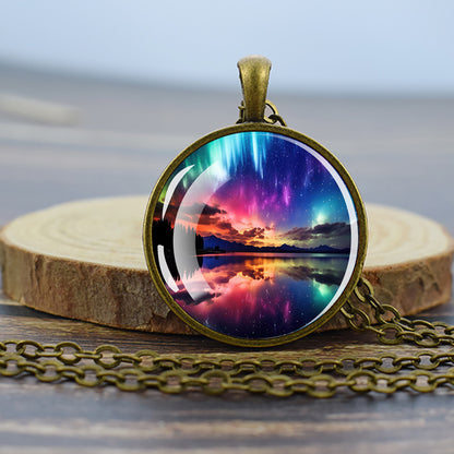 Luminous Aurora Borealis Bronze Necklace - Northern Light Jewelry - Unique Glass Dome Pendent Necklace - Perfect Aurora Lovers Gift