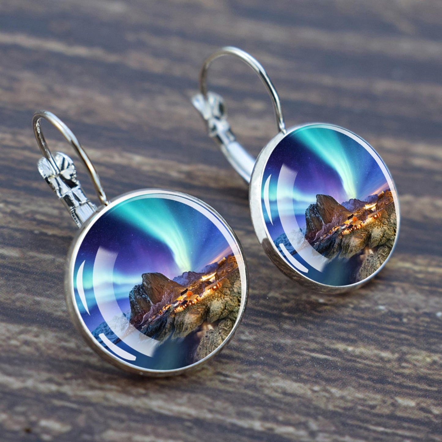 Luminous Aurora Borealis Hook Earrings - Northern Lights Jewelry - Unique Glass Cabochon Drop Earrings - Perfect Aurora Lovers Gift