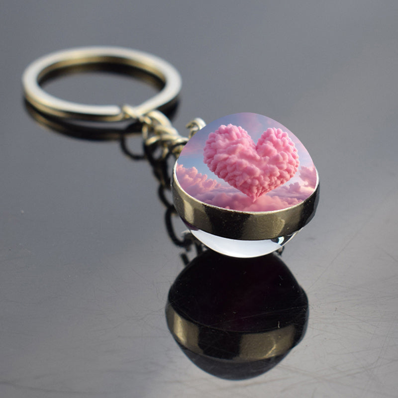 Unique Pink Heart Shape Clouds Keyring - Dreamy Sky Cotton Candy Cloud Jewelry - Double Side Glass Ball Key Chain - Perfect Aurora Lovers Gift 1
