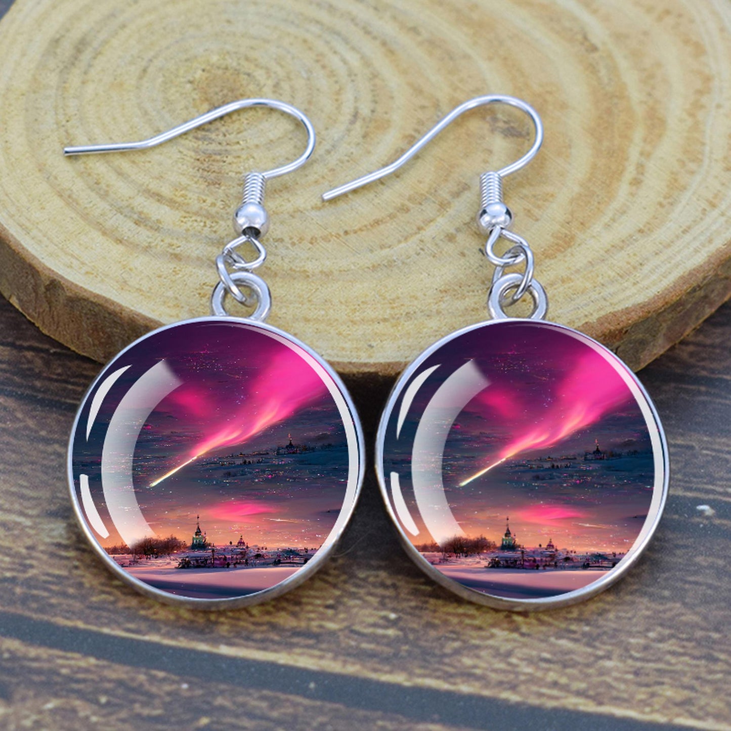 Luminous Aurora Borealis Drop Earrings - Northern Lights Jewelry - Unique Glass Cabochon Dangle Earrings - Perfect Aurora Lovers Gift