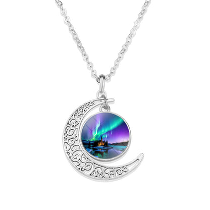 Unique Aurora Borealis Crescent Necklace - Northern Light Jewelry - Crescent Glass Cabochon Pendent Necklace - Perfect Aurora Lovers Gift 29