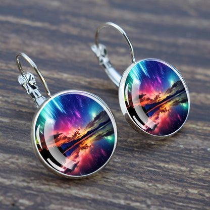 Luminous Aurora Borealis Hook Earrings - Northern Lights Jewelry - Unique Glass Cabochon Drop Earrings - Perfect Aurora Lovers Gift