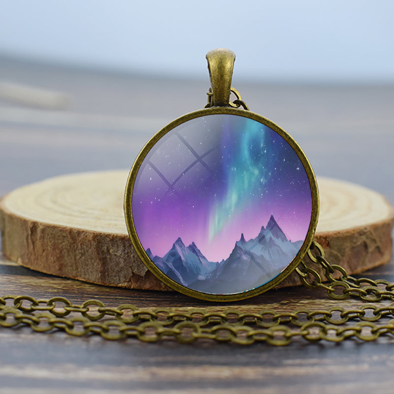 Luminous Aurora Borealis Bronze Necklace - Northern Light Jewelry - Unique Glass Dome Pendent Necklace - Perfect Aurora Lovers Gift