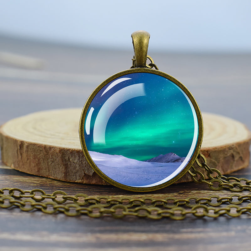 Luminous Aurora Borealis Bronze Necklace - Northern Light Jewelry - Unique Glass Dome Pendent Necklace - Perfect Aurora Lovers Gift