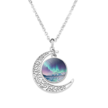 Unique Aurora Borealis Crescent Necklace - Northern Light Jewelry - Crescent Glass Cabochon Pendent Necklace - Perfect Aurora Lovers Gift 30