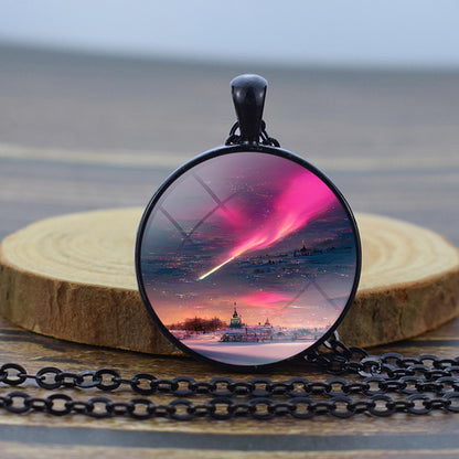 Luminous Aurora Borealis Black Necklace - Northern Light Jewelry - Unique Glass Dome Pendent Necklace - Perfect Aurora Lovers Gift