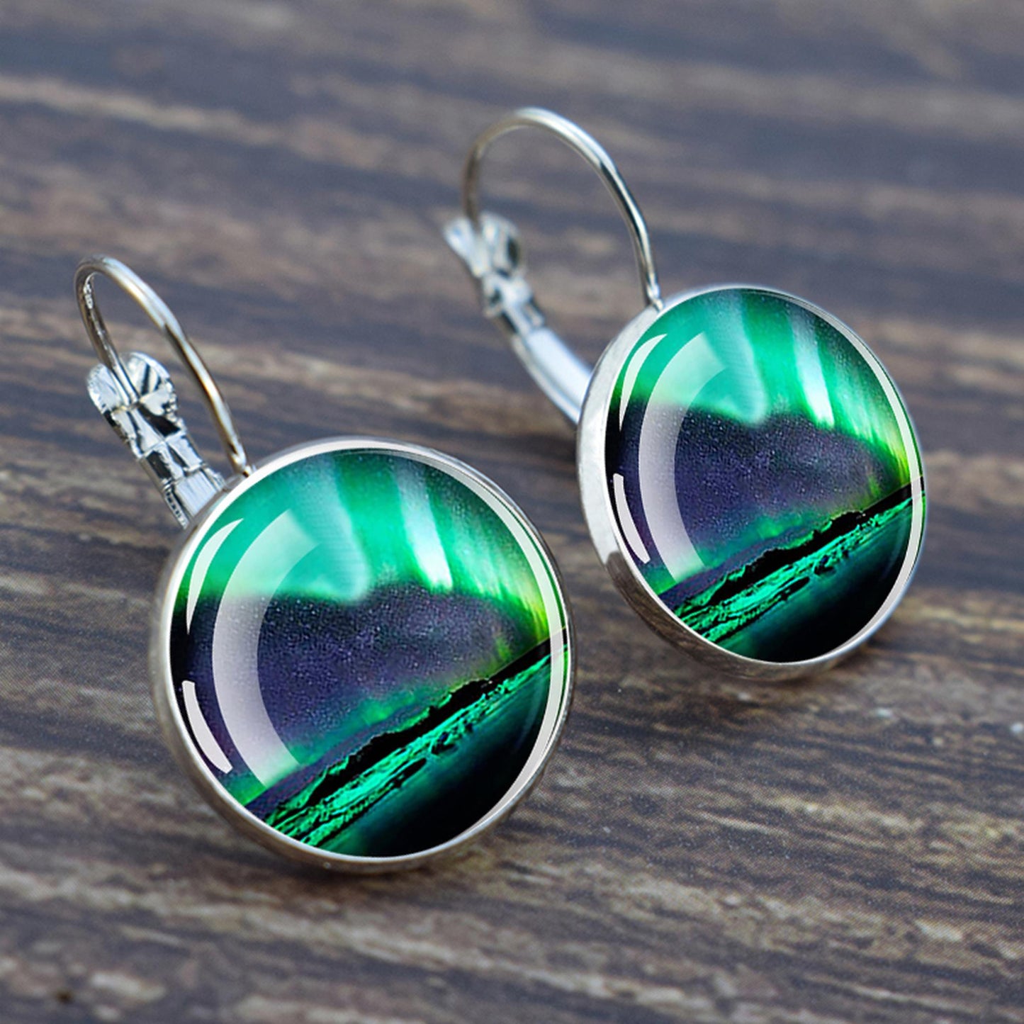 Luminous Aurora Borealis Hook Earrings - Northern Lights Jewelry - Unique Glass Cabochon Drop Earrings - Perfect Aurora Lovers Gift