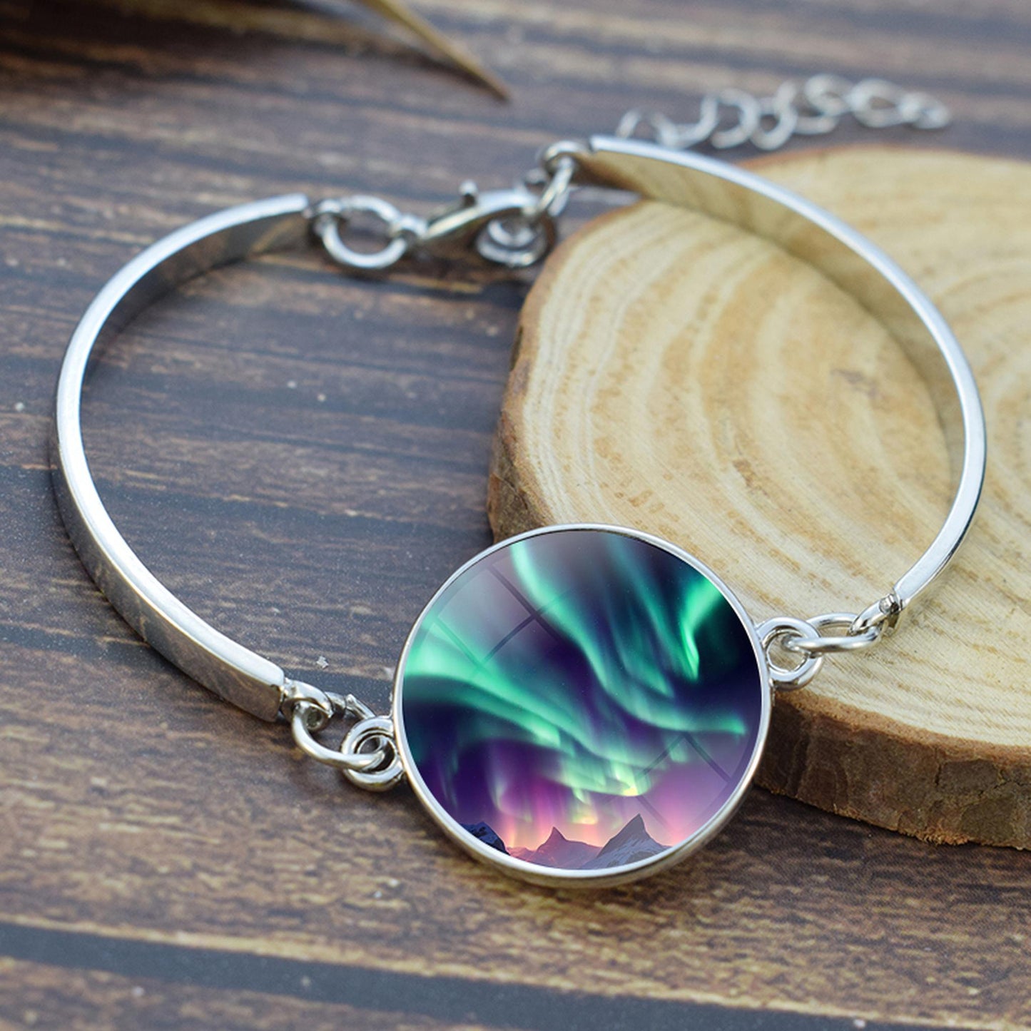 Lýsandi Aurora Borealis armband - Northern Light Skartgripir - Einstakt Cabochon silfurhúðað armband úr gleri - Fullkomin Aurora Lovers gjöf