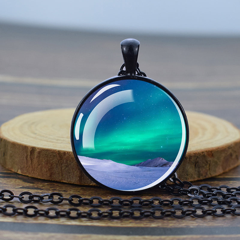 Luminous Aurora Borealis Black Necklace - Northern Light Jewelry - Unique Glass Dome Pendent Necklace - Perfect Aurora Lovers Gift