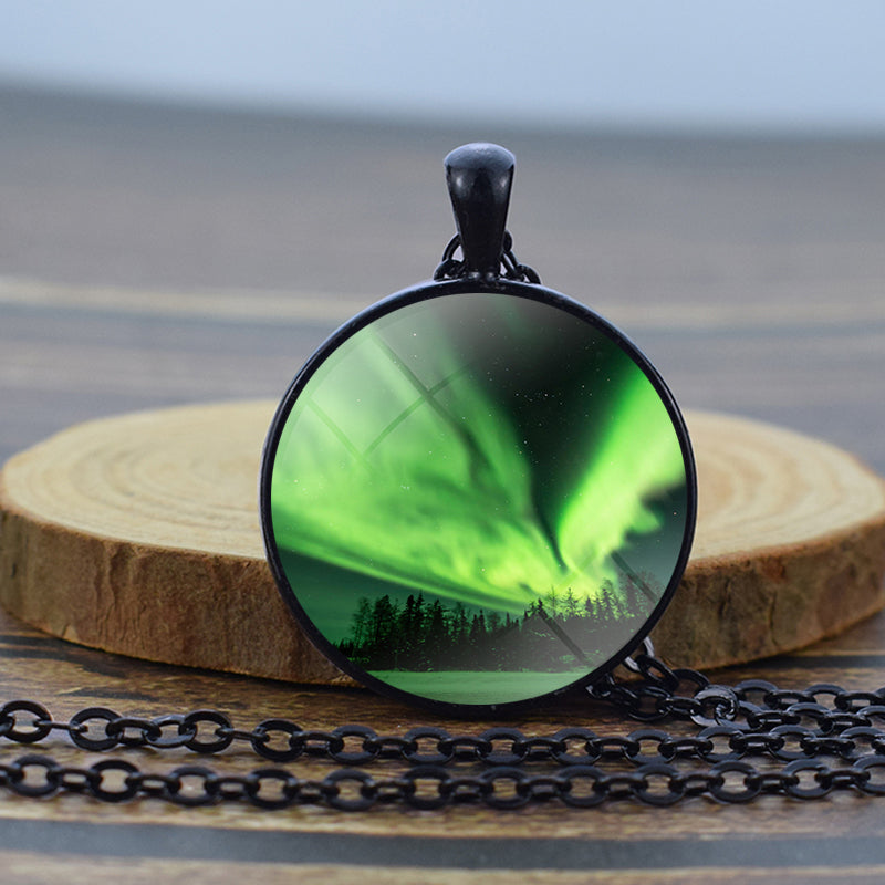 Luminous Aurora Borealis Black Necklace - Northern Light Jewelry - Unique Glass Dome Pendent Necklace - Perfect Aurora Lovers Gift