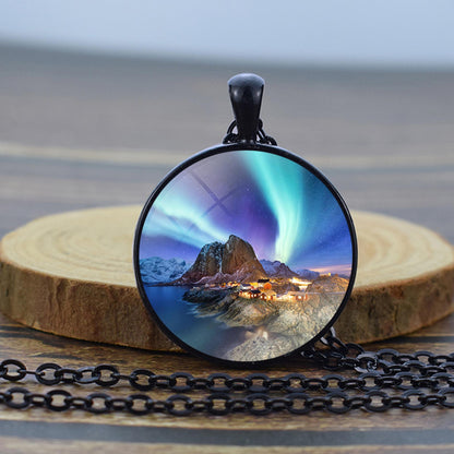 Luminous Aurora Borealis Black Necklace - Northern Light Jewelry - Unique Glass Dome Pendent Necklace - Perfect Aurora Lovers Gift