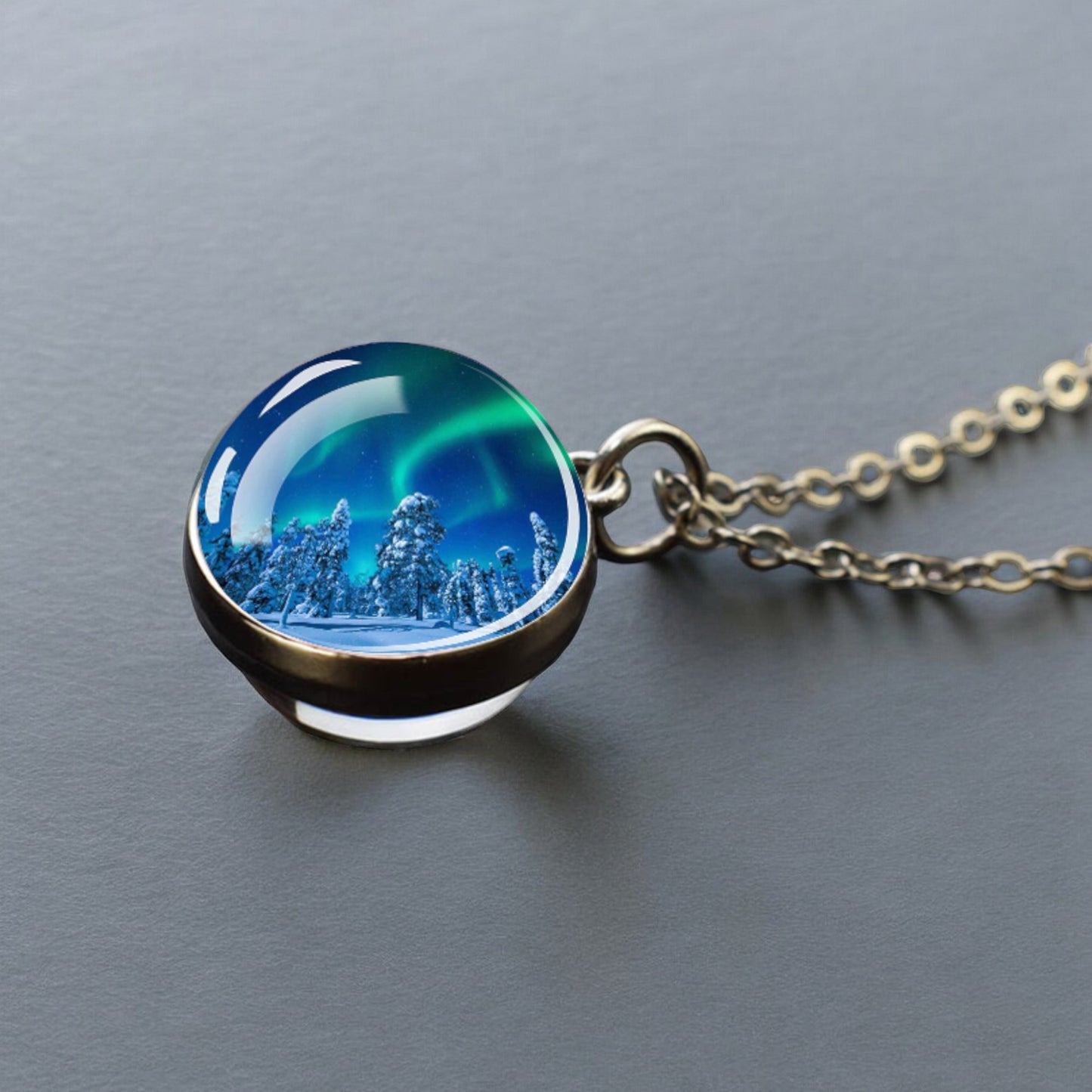 Luminous Aurora Borealis Silver Necklace- Northern Light Jewelry - Unique Double Side Glass Ball Pendent Necklace - Perfect Aurora Lovers Gift