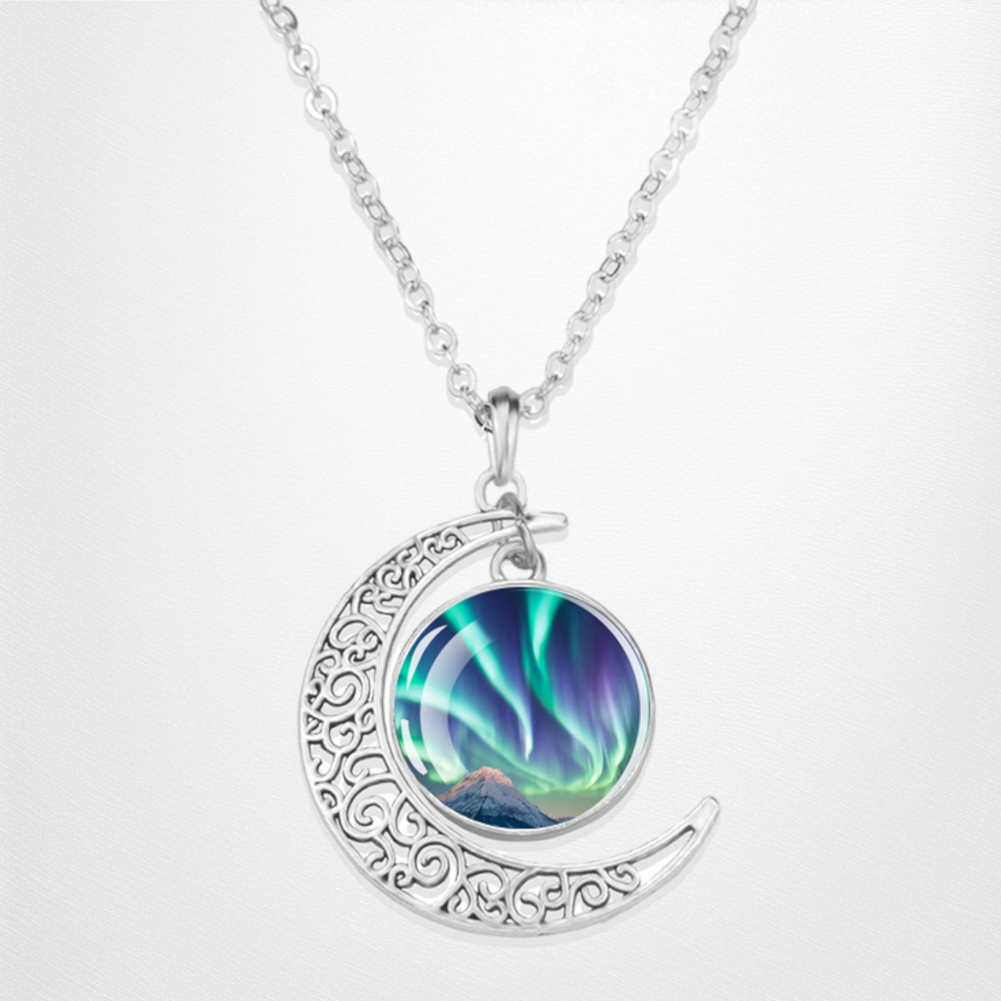 Luminous Aurora Borealis Crescent Necklace- Northern Light Jewelry - Unique Crescent Glass Cabochon Pendent Necklace - Perfect Aurora Lovers Gift