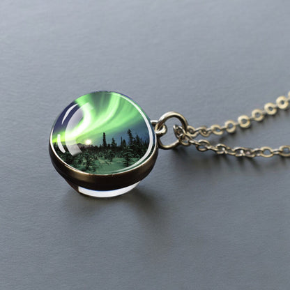 Luminous Aurora Borealis Silver Necklace- Northern Light Jewelry - Unique Double Side Glass Ball Pendent Necklace - Perfect Aurora Lovers Gift