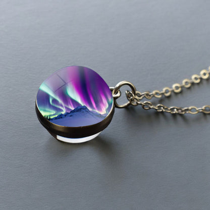 Luminous Aurora Borealis Silver Necklace- Northern Light Jewelry - Unique Double Side Glass Ball Pendent Necklace - Perfect Aurora Lovers Gift