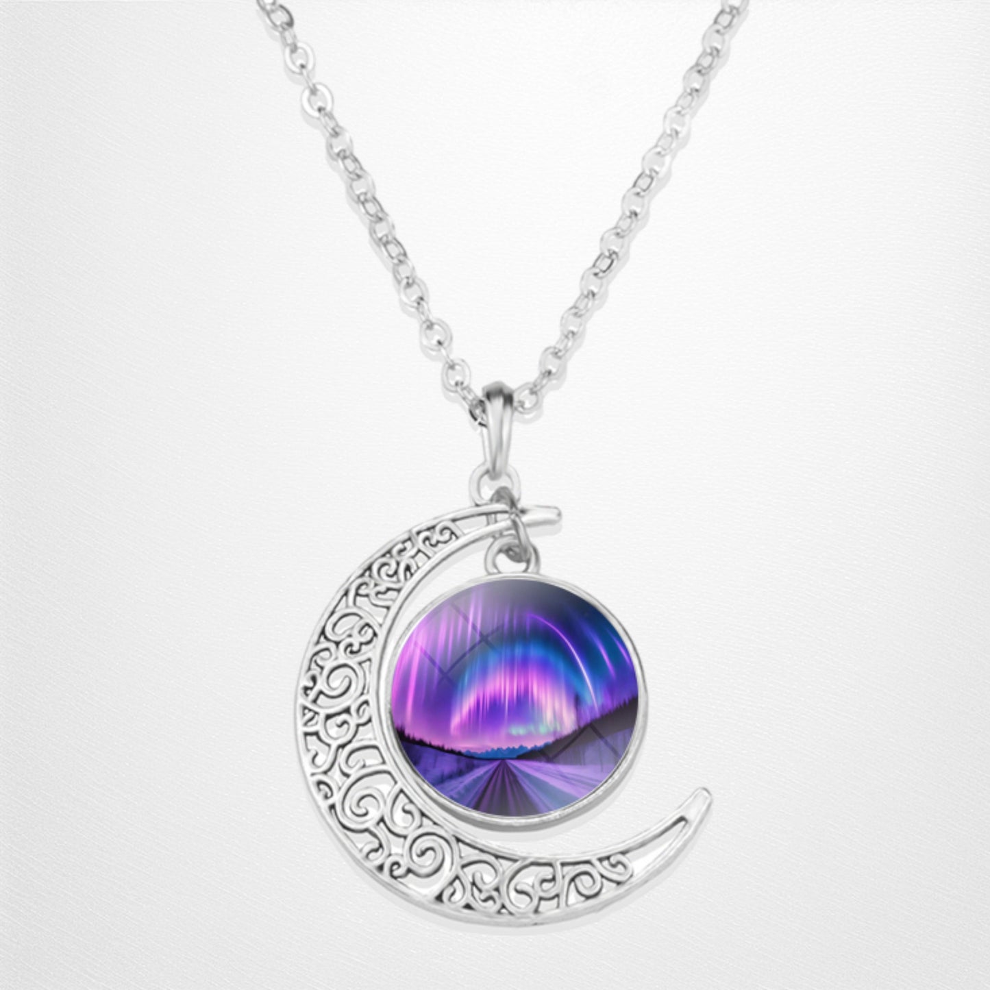 Collier lumineux Aurora Borealis Crescent - Bijoux Northern Light - Collier pendentif cabochon en verre croissant unique - Cadeau parfait pour les amoureux des aurores boréales 