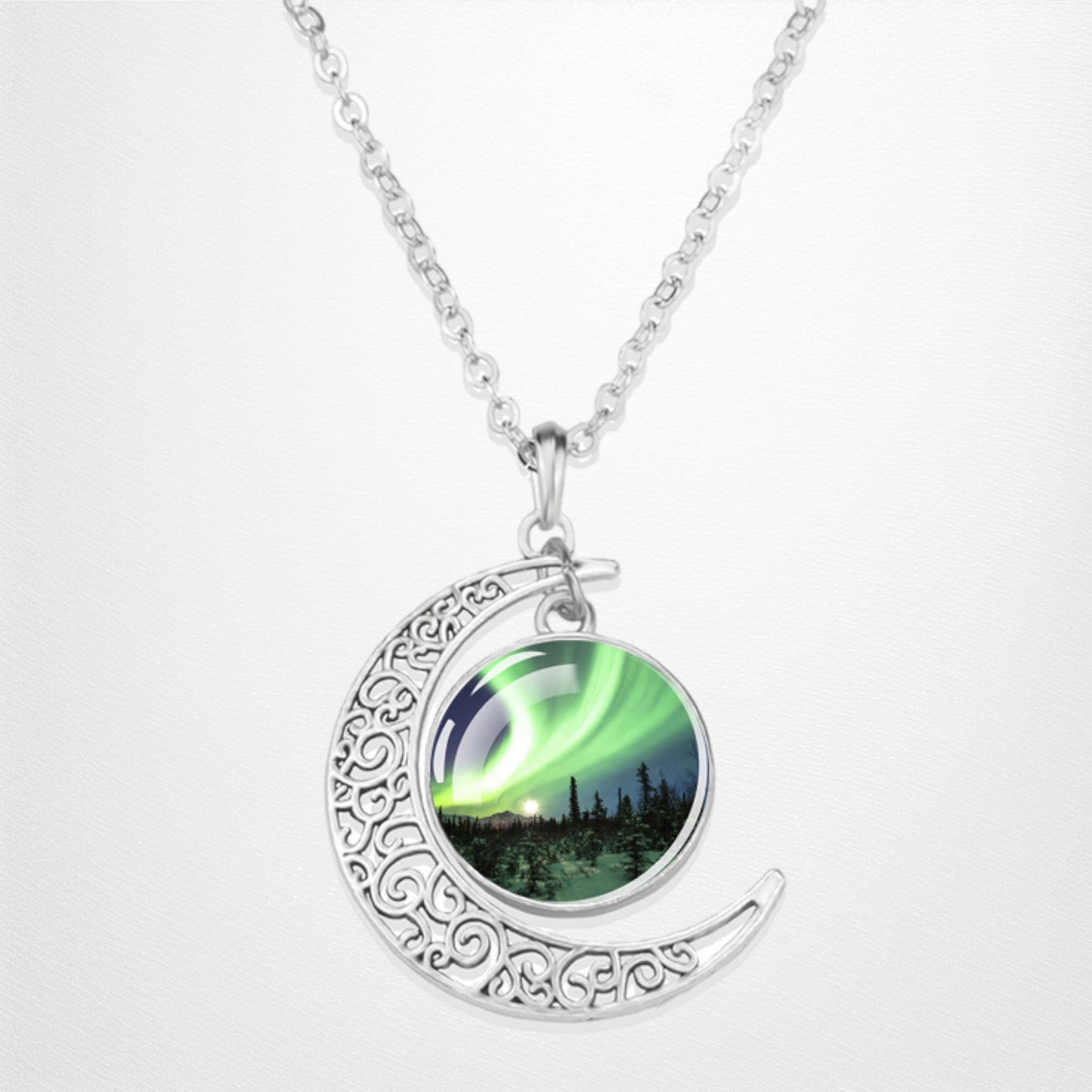 Luminous Aurora Borealis Crescent Necklace- Northern Light Jewelry - Unique Crescent Glass Cabochon Pendent Necklace - Perfect Aurora Lovers Gift