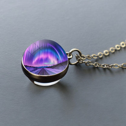 Luminous Aurora Borealis Silver Necklace- Northern Light Jewelry - Unique Double Side Glass Ball Pendent Necklace - Perfect Aurora Lovers Gift