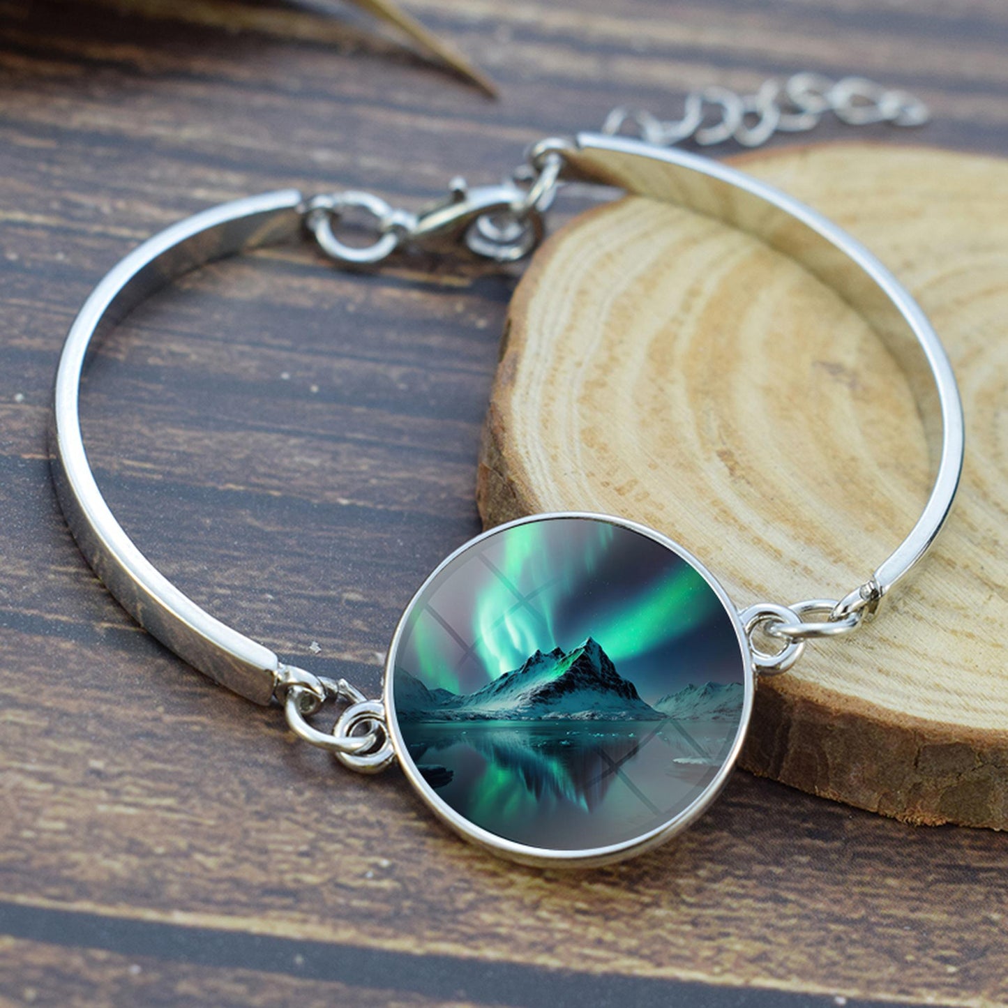 Bracelet bangle lonrúil Aurora Borealis - Seodra Solas an Tuaiscirt - Bracelet Uathúil Cabochon Airgid Plátáilte - Bronntanas Foirfe Lovers Aurora