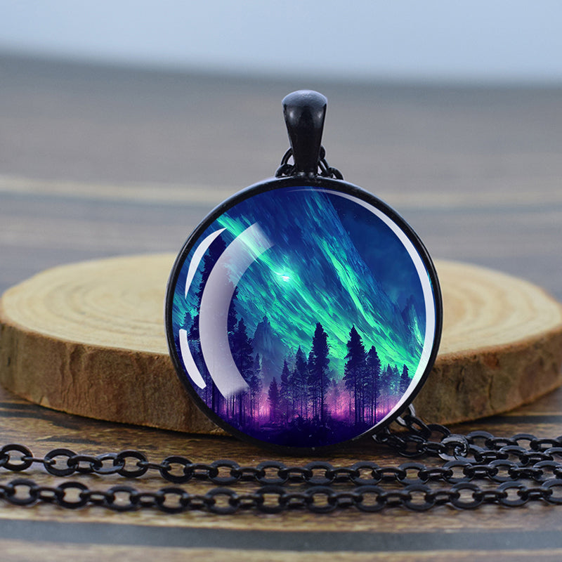 Luminous Aurora Borealis Black Necklace - Northern Light Jewelry - Unique Glass Dome Pendent Necklace - Perfect Aurora Lovers Gift