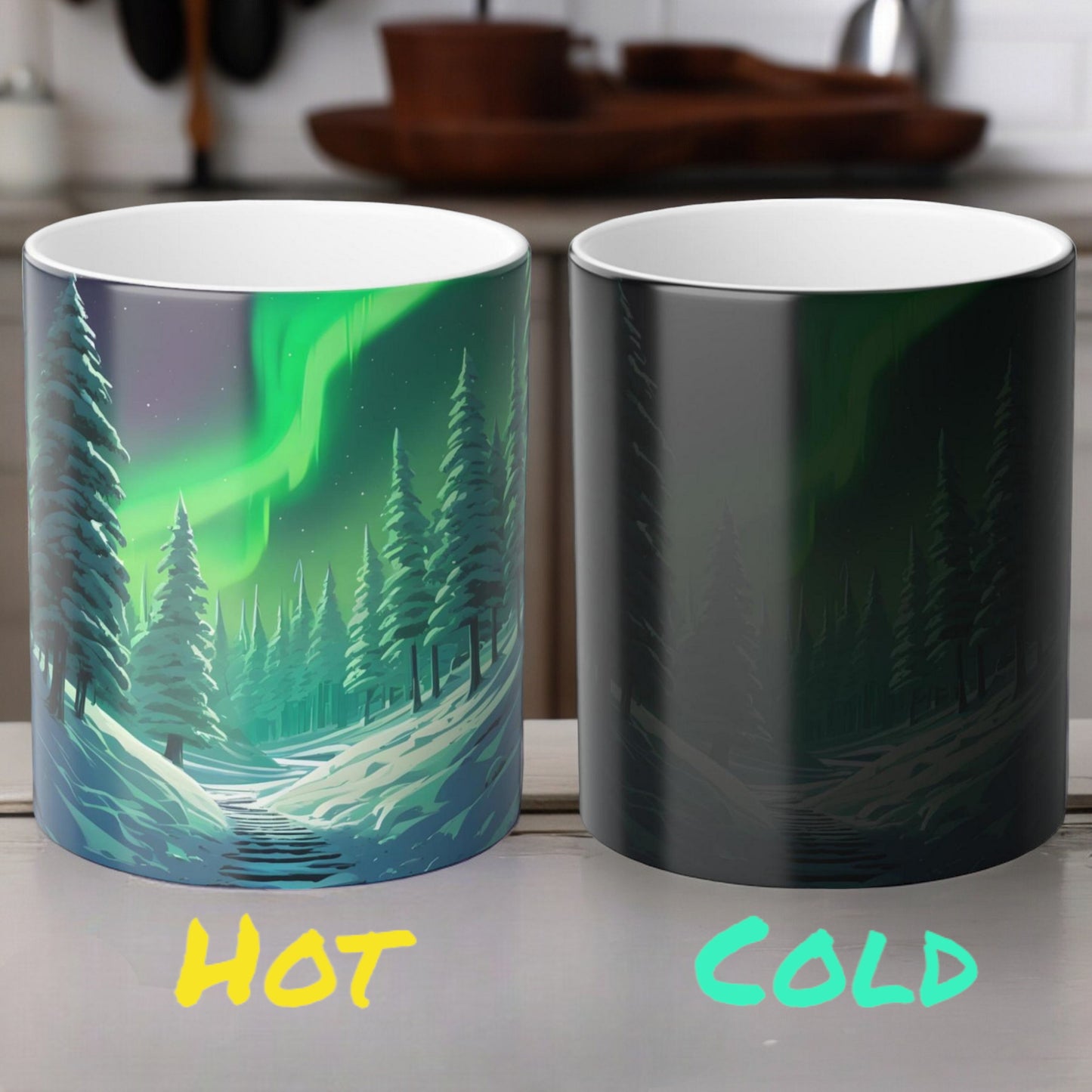 Lumoava Aurora Borealis Heat Sensitive Muki - Northern Lights Magic Color Morphing Muki 11 unssia - Heat Reactive Night Sky Coffee Cup - Täydellinen lahja luonnon ystäville