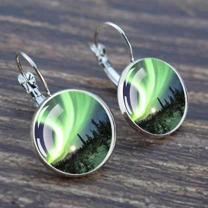 Luminous Aurora Borealis Hook Earrings - Northern Lights Jewelry - Unique Glass Cabochon Drop Earrings - Perfect Aurora Lovers Gift