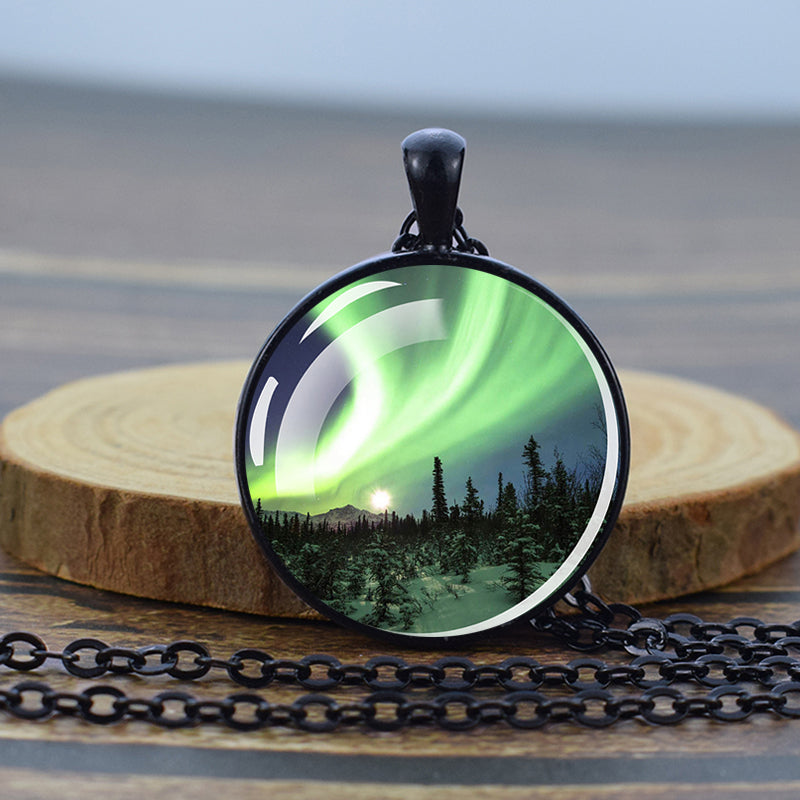 Luminous Aurora Borealis Black Necklace - Northern Light Jewelry - Unique Glass Dome Pendent Necklace - Perfect Aurora Lovers Gift