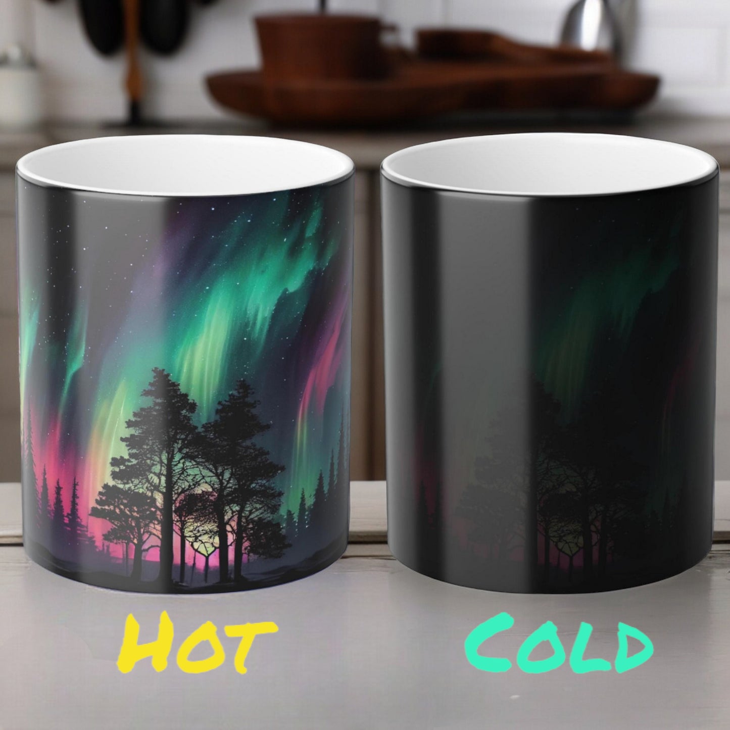 Töfrandi Aurora Borealis hitanæm mál - Northern Lights Magic Color Morphing Mug 11oz - Heat Reactive Night Sky Kaffibolli - Fullkomin gjöf fyrir náttúruunnendur