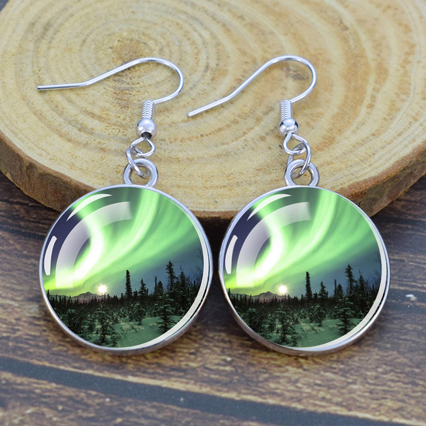 Gaismas Aurora Borealis Drop Auskari - Ziemeļblāzmas rotaslietas - Unikāli stikla Cabochon Dangle Auskari - Perfekta Aurora Lovers dāvana