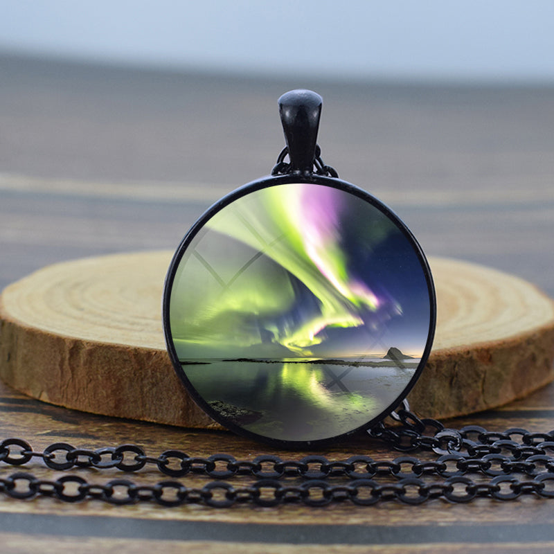 Luminous Aurora Borealis Black Necklace - Northern Light Jewelry - Unique Glass Dome Pendent Necklace - Perfect Aurora Lovers Gift