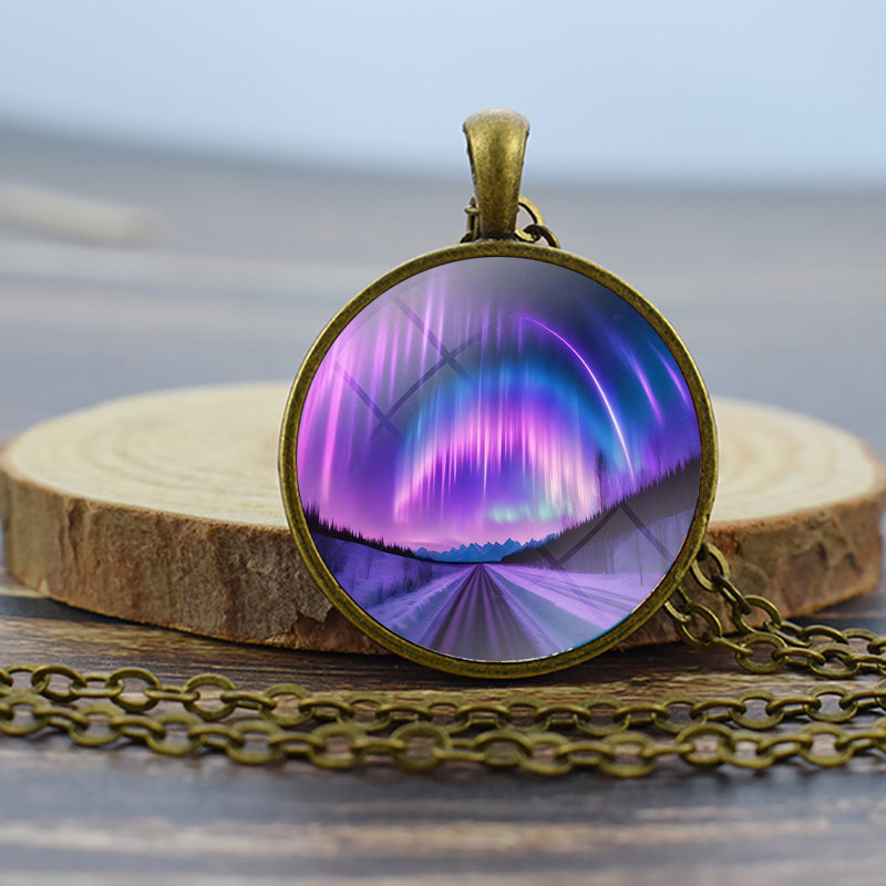 Luminous Aurora Borealis Bronze Necklace - Northern Light Jewelry - Unique Glass Dome Pendent Necklace - Perfect Aurora Lovers Gift