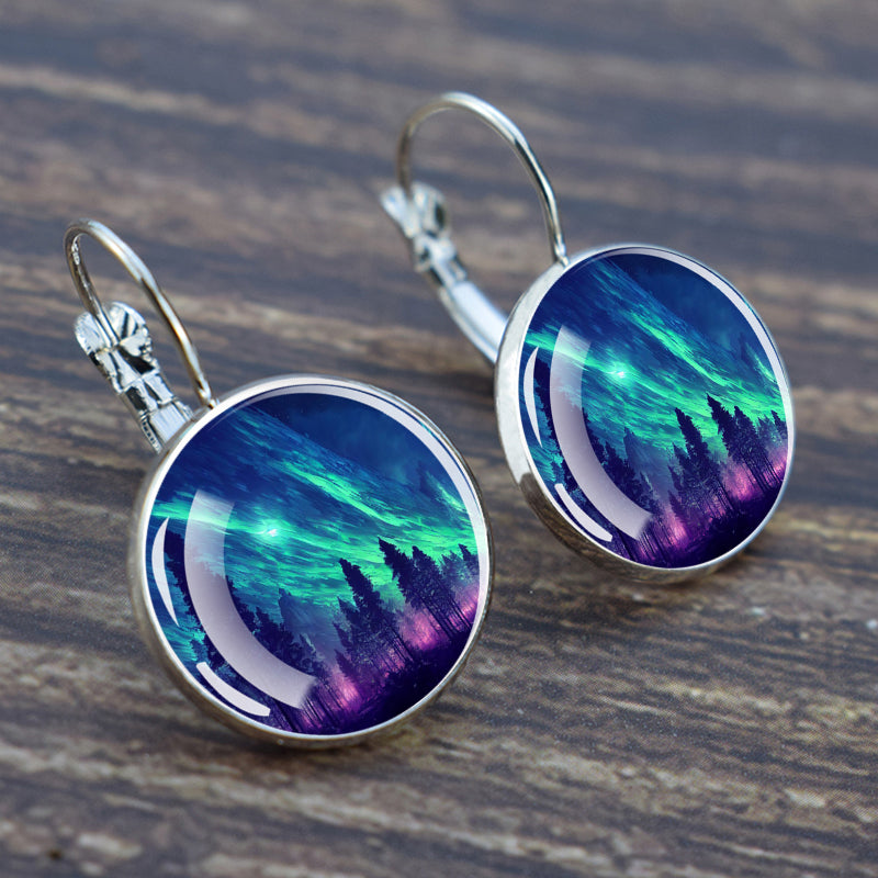 Luminous Aurora Borealis Hook Earrings - Northern Lights Jewelry - Unique Glass Cabochon Drop Earrings - Perfect Aurora Lovers Gift