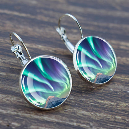 Luminous Aurora Borealis Hook Earrings - Northern Lights Jewelry - Unique Glass Cabochon Drop Earrings - Perfect Aurora Lovers Gift