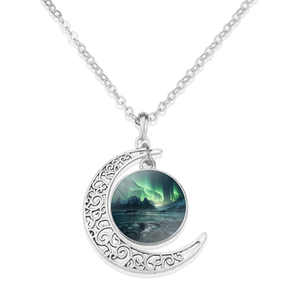 Unique Aurora Borealis Crescent Necklace - Northern Light Jewelry - Crescent Glass Cabochon Pendent Necklace - Perfect Aurora Lovers Gift 12