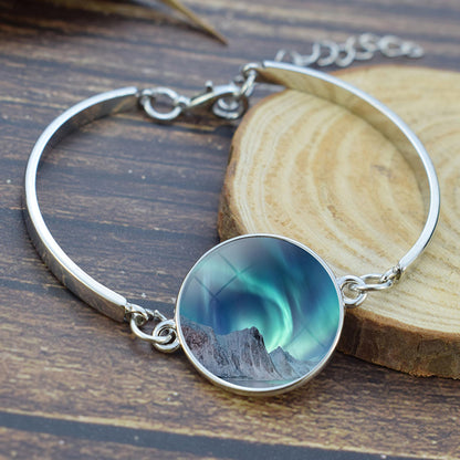 Luminous Aurora Borealis Bangle Bracelet - Northern Light Jewelry - Unique Glass Cabochon Silver Plated Bracelet - Perfect Aurora Lovers Gift