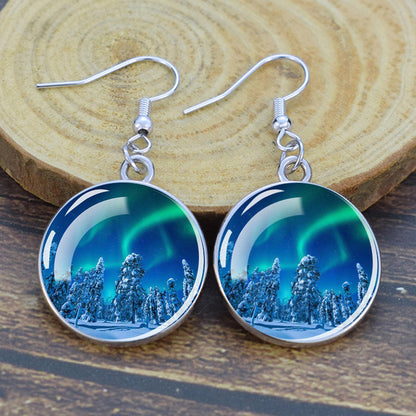 Pendientes colgantes luminosos de aurora boreal - Joyería de aurora boreal - Pendientes colgantes de cabujón de vidrio únicos - Regalo perfecto para los amantes de la aurora