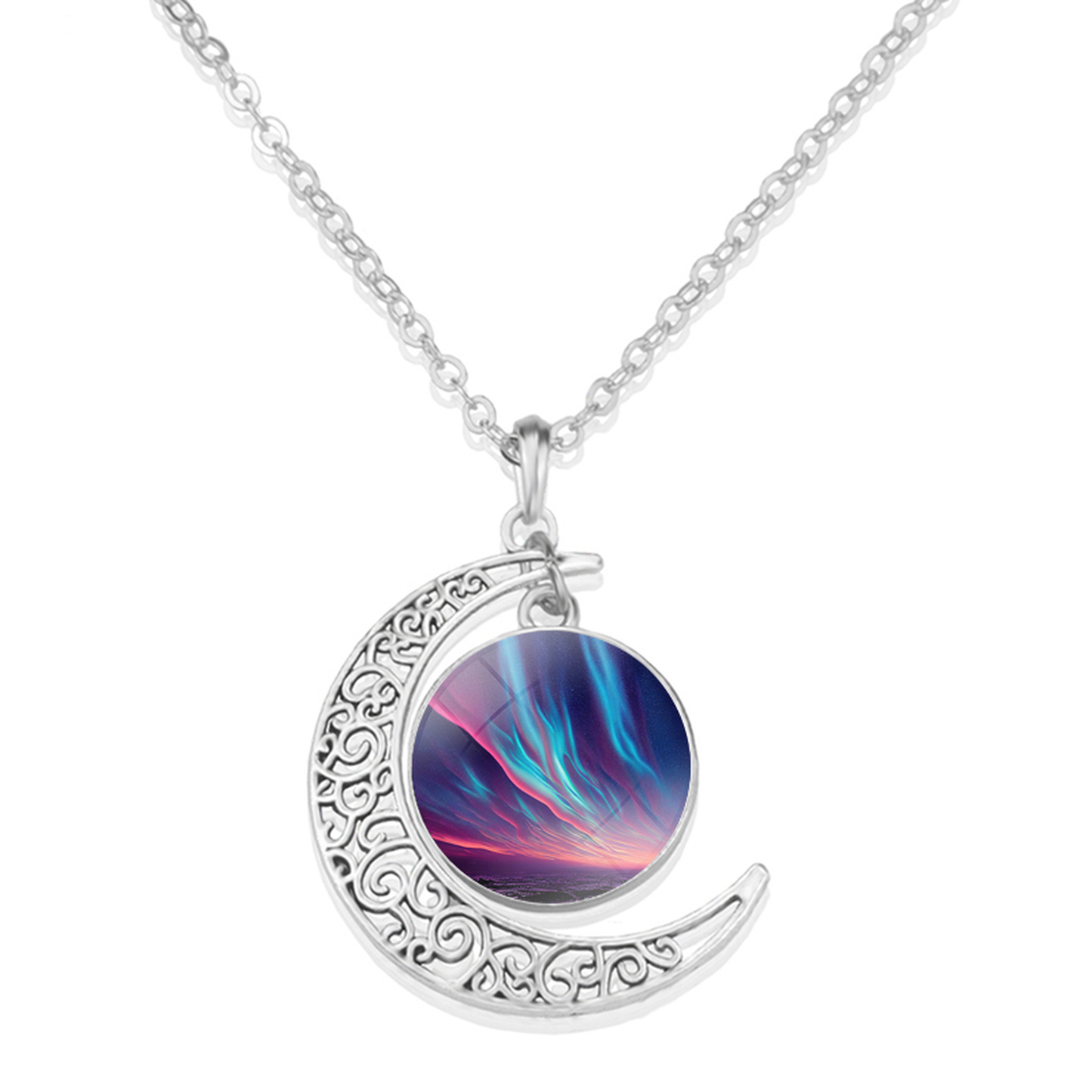 Unique Aurora Borealis Crescent Necklace - Northern Light Jewelry - Crescent Glass Cabochon Pendent Necklace - Perfect Aurora Lovers Gift 4