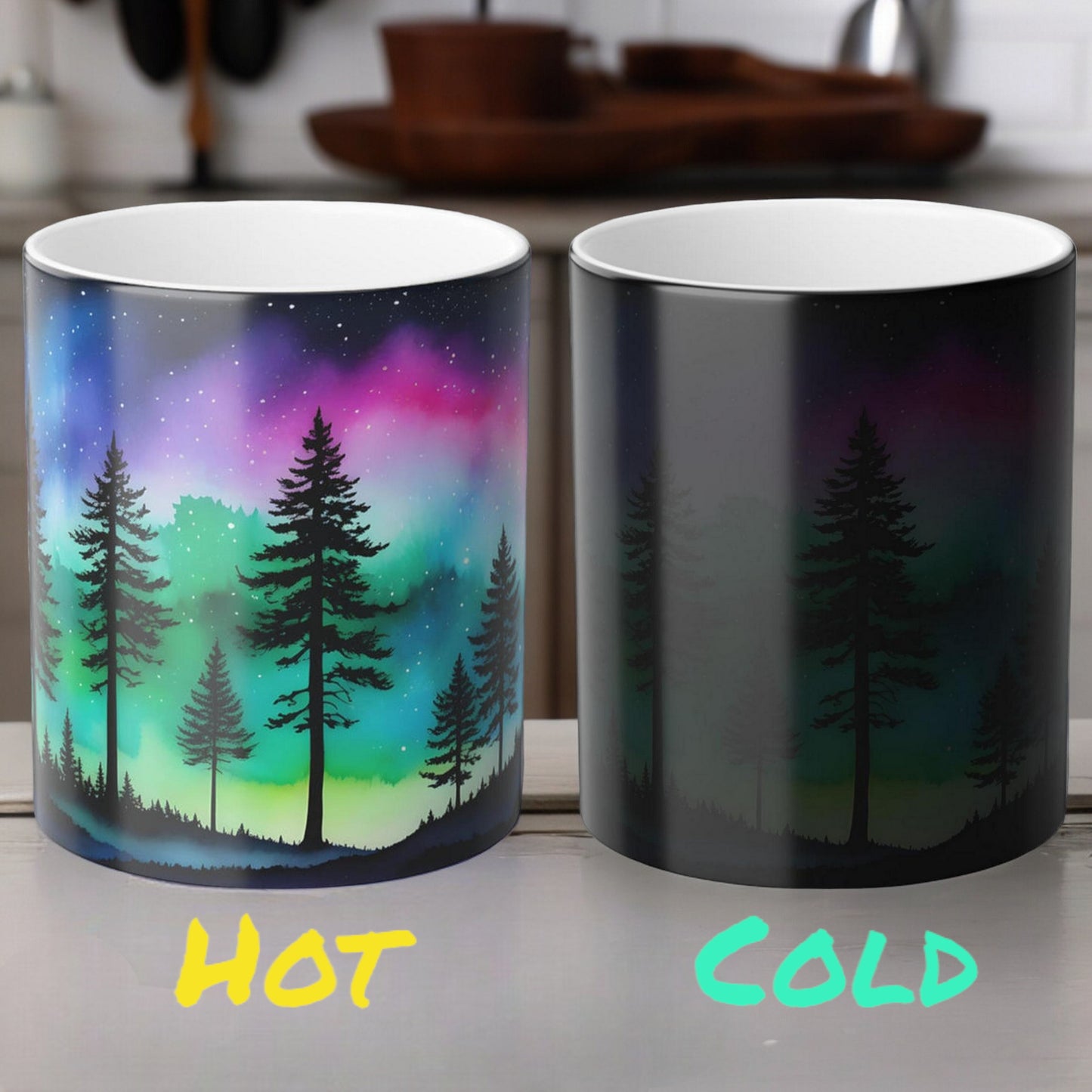 Tasse sensible à la chaleur Aurore boréale enchanteresse - Tasse de morphing de couleur magique des aurores boréales 11 oz - Tasse à café ciel nocturne réactive à la chaleur - Cadeau parfait pour les amoureux de la nature