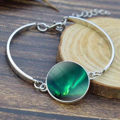 Luminous Aurora Borealis Bangle Bracelet - Northern Light Jewelry - Unique Glass Cabochon Silver Plated Bracelet - Perfect Aurora Lovers Gift