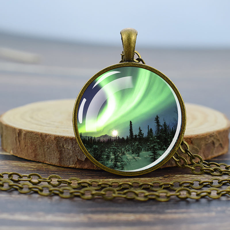 Luminous Aurora Borealis Bronze Necklace - Northern Light Jewelry - Unique Glass Dome Pendent Necklace - Perfect Aurora Lovers Gift