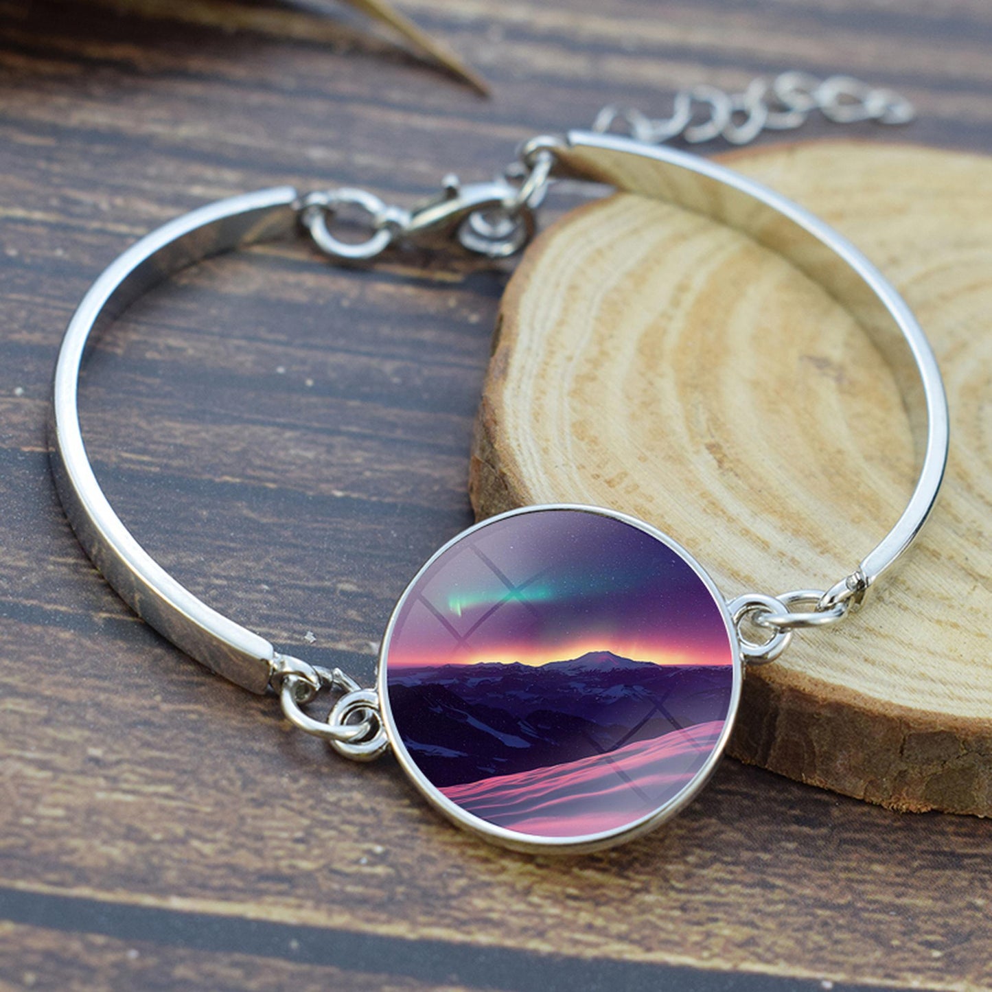 Luminous Aurora Borealis Bangle Bracelet - Northern Light Jewelry - Unique Glass Cabochon Silver Plated Bracelet - Perfect Aurora Lovers Gift