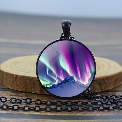 Luminous Aurora Borealis Black Necklace - Northern Light Jewelry - Unique Glass Dome Pendent Necklace - Perfect Aurora Lovers Gift