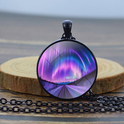 Luminous Aurora Borealis Black Necklace - Northern Light Jewelry - Unique Glass Dome Pendent Necklace - Perfect Aurora Lovers Gift