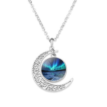 Unique Aurora Borealis Crescent Necklace - Northern Light Jewelry - Crescent Glass Cabochon Pendent Necklace - Perfect Aurora Lovers Gift 31