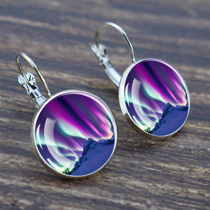 Luminous Aurora Borealis Hook Earrings - Northern Lights Jewelry - Unique Glass Cabochon Drop Earrings - Perfect Aurora Lovers Gift