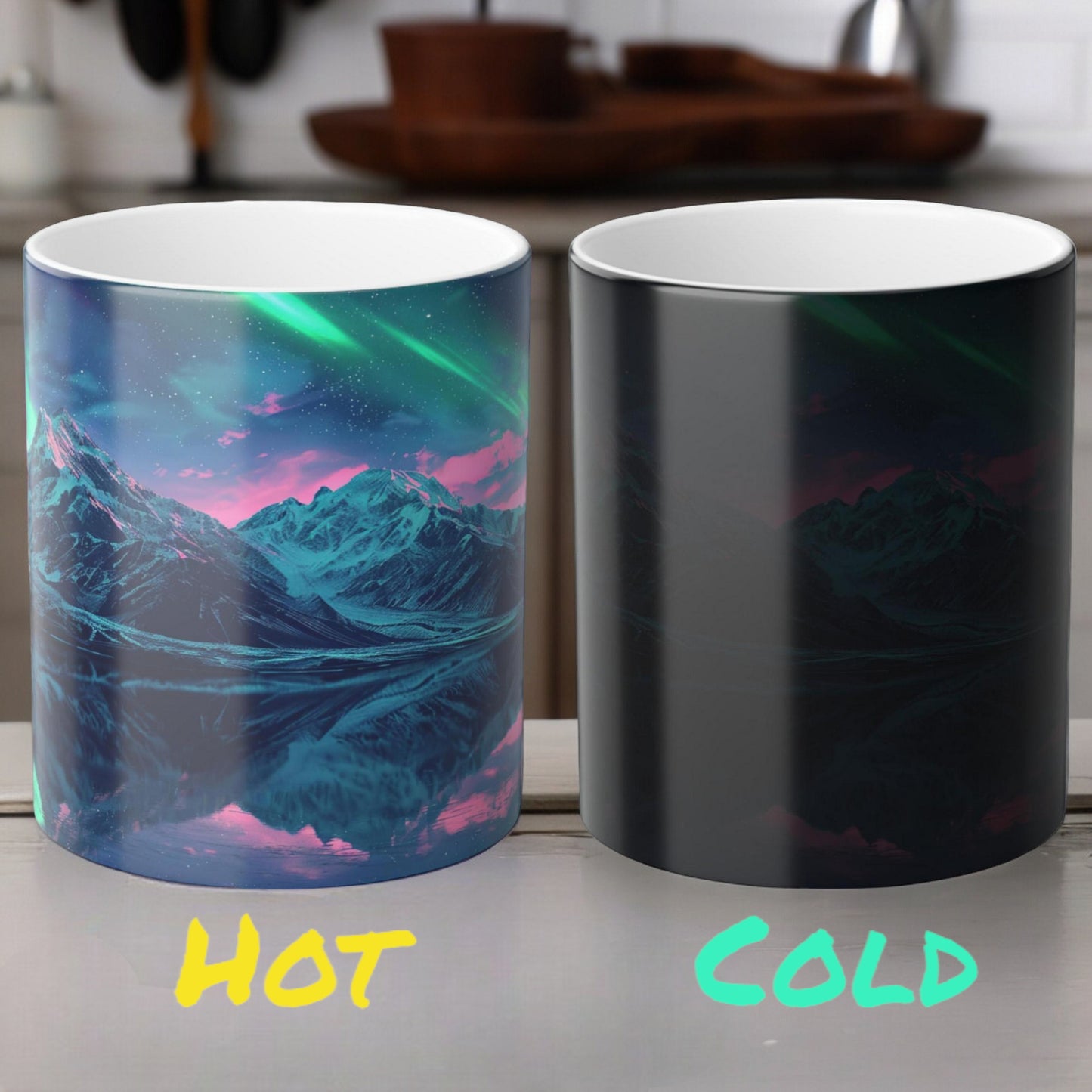 Fortryllende Aurora Borealis varmefølsomt krus - Northern Lights Magic Color Morphing-krus 11 oz - Heat Reactive Night Sky Coffee Cup - Perfekt gave til naturelskere