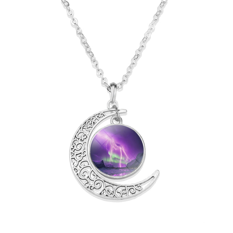 Unique Aurora Borealis Crescent Necklace - Northern Light Jewelry - Crescent Glass Cabochon Pendent Necklace - Perfect Aurora Lovers Gift 26